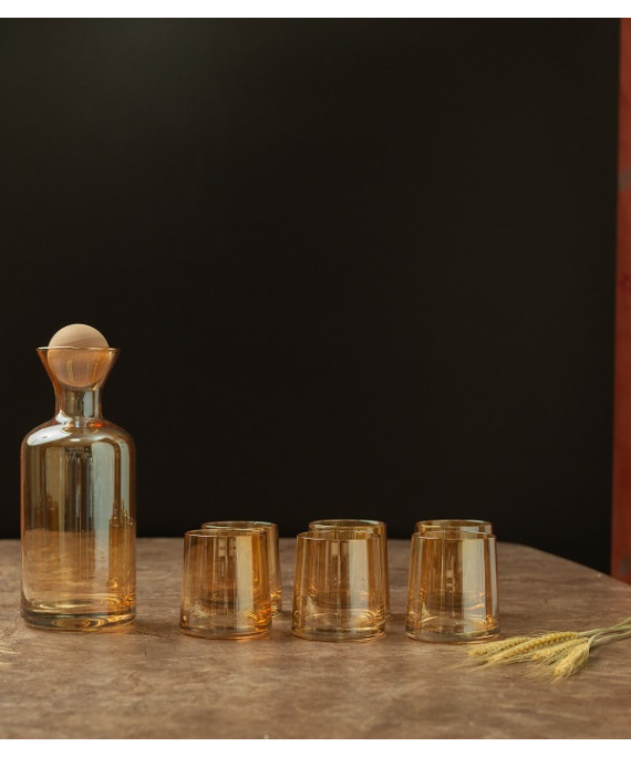 Набор:стаканы 6 шт и графин с деревянной крышкой (золотой), арт.RZZ