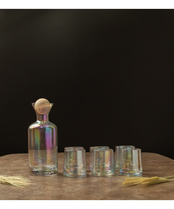 Набор: стаканы 6 шт и графин с деревянной крышкой (радужный), арт.RRZ